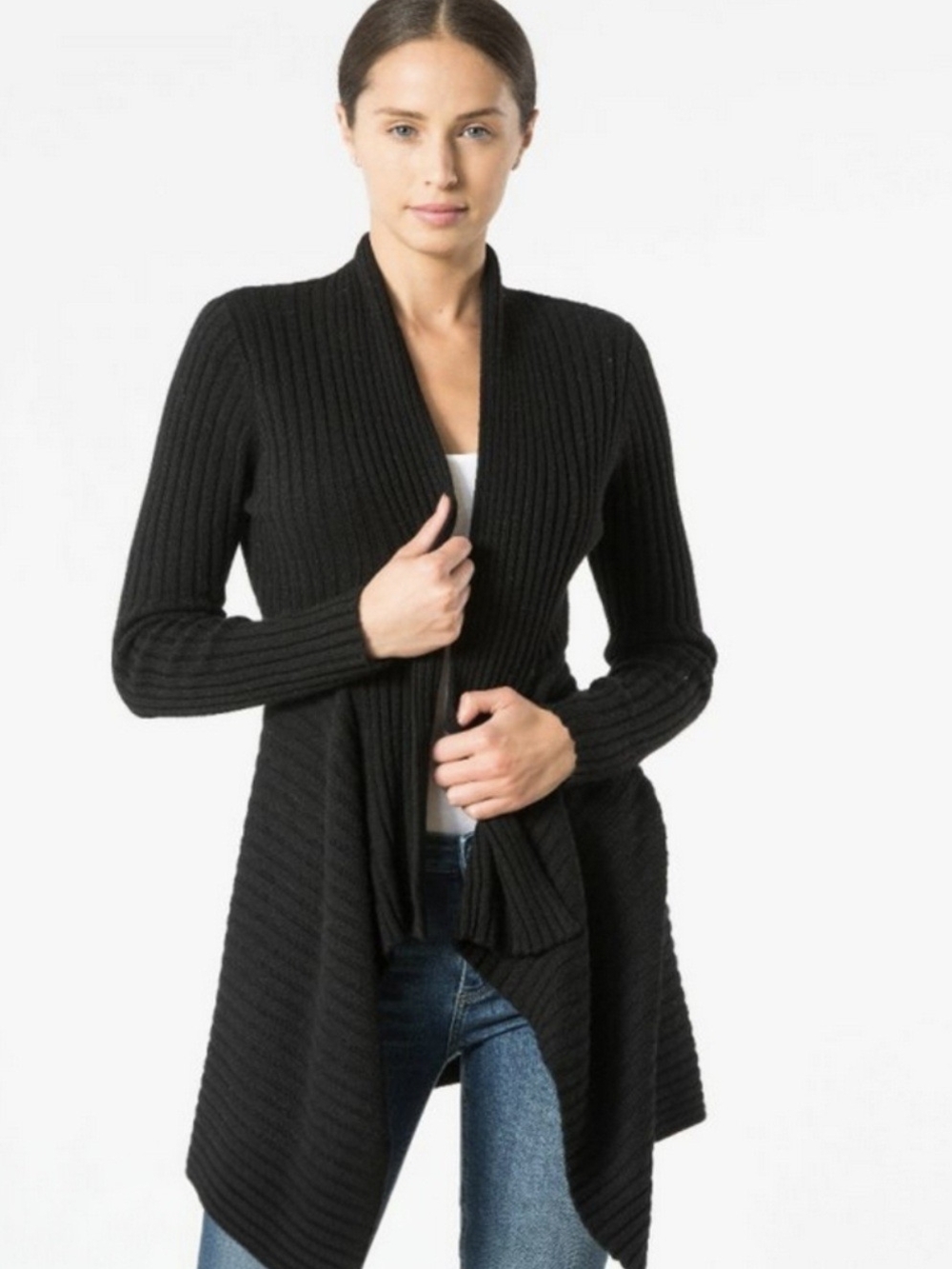 black open-front ribbed knit cardigan from Cabi featuring a draped, asymmetrical